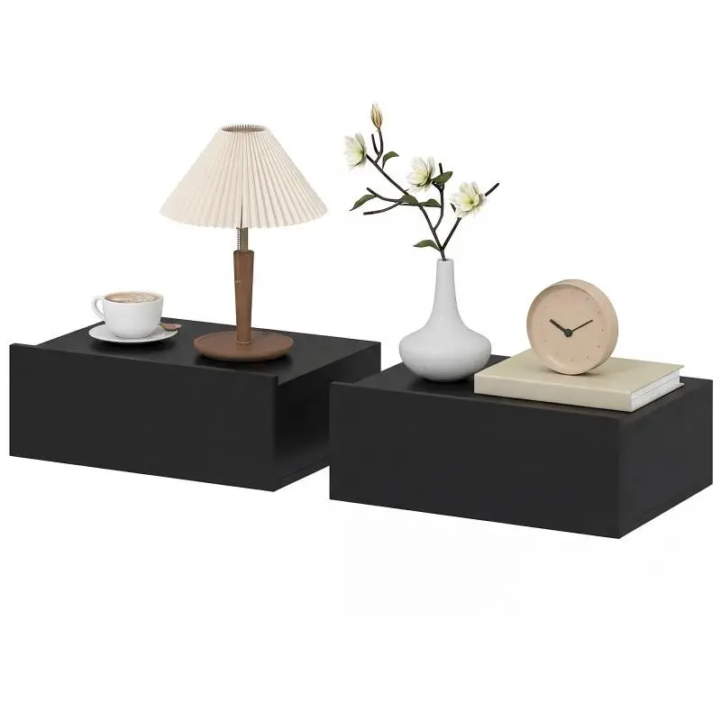Set of 2 Wall-Mounted Nightstands, 1 Drawer, Black
