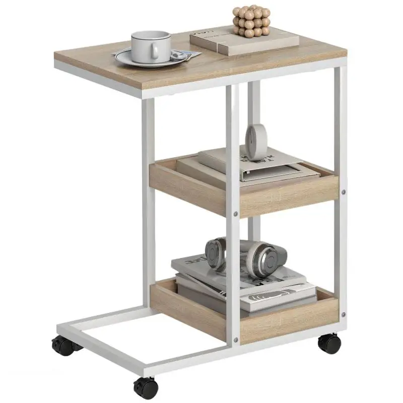 C-Shaped Side Table with Wheels and Open Shelves