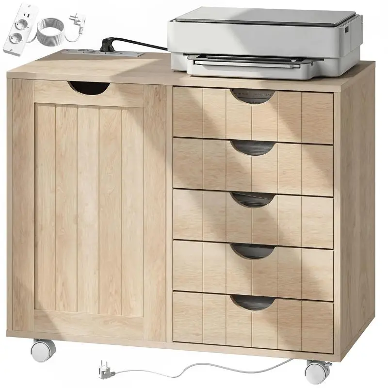 Printer Stand with Charging Station and 5 Drawers, Natural Finish