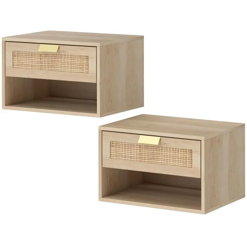 Set of 2 Floating Nightstands with Drawer and Shelf, Oak
