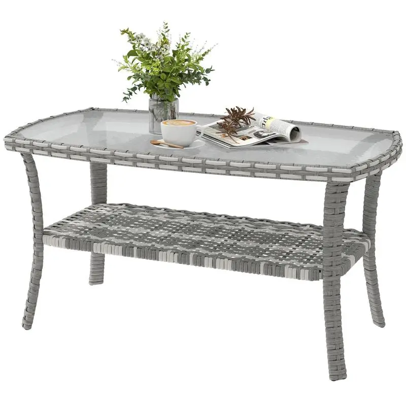 Outdoor Rattan Garden Table with Shelf, 90 x 50 cm