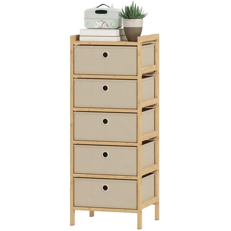5-Drawer Fabric Chest with Bamboo Frame, Cream