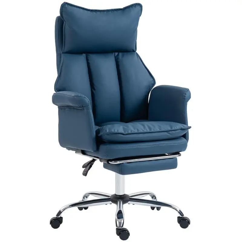 Desk Chair with Footrest, Blue Faux Leather