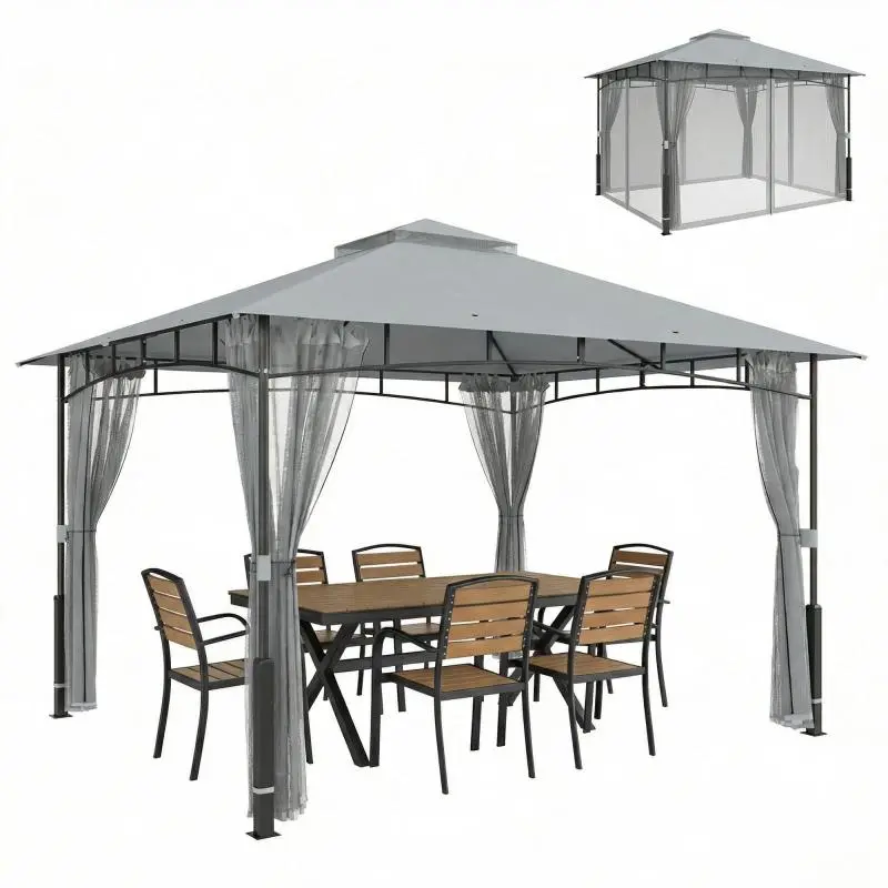 Outdoor Gazebo with Double Roof and Mesh Sidewalls, 360 x 300 x 275 cm
