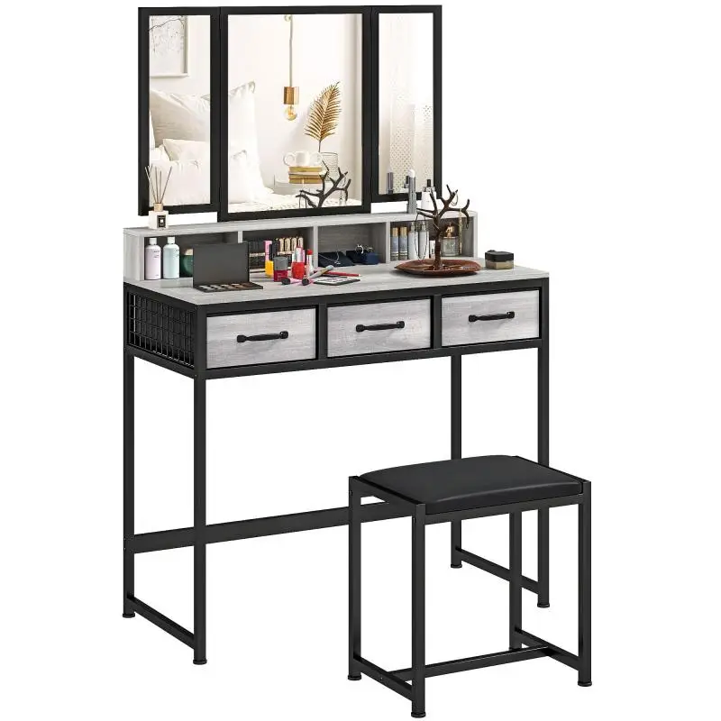 Makeup Vanity with Tri-Fold Mirror and Stool, Grey