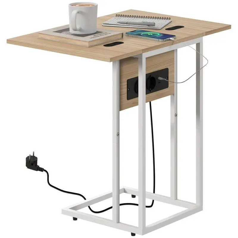 C-Shaped Sofa Side Table with Charging Station