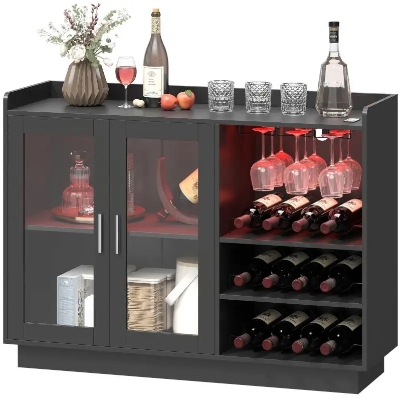 Bar Cabinet with RGB LED Lights and 12-Bottle Rack