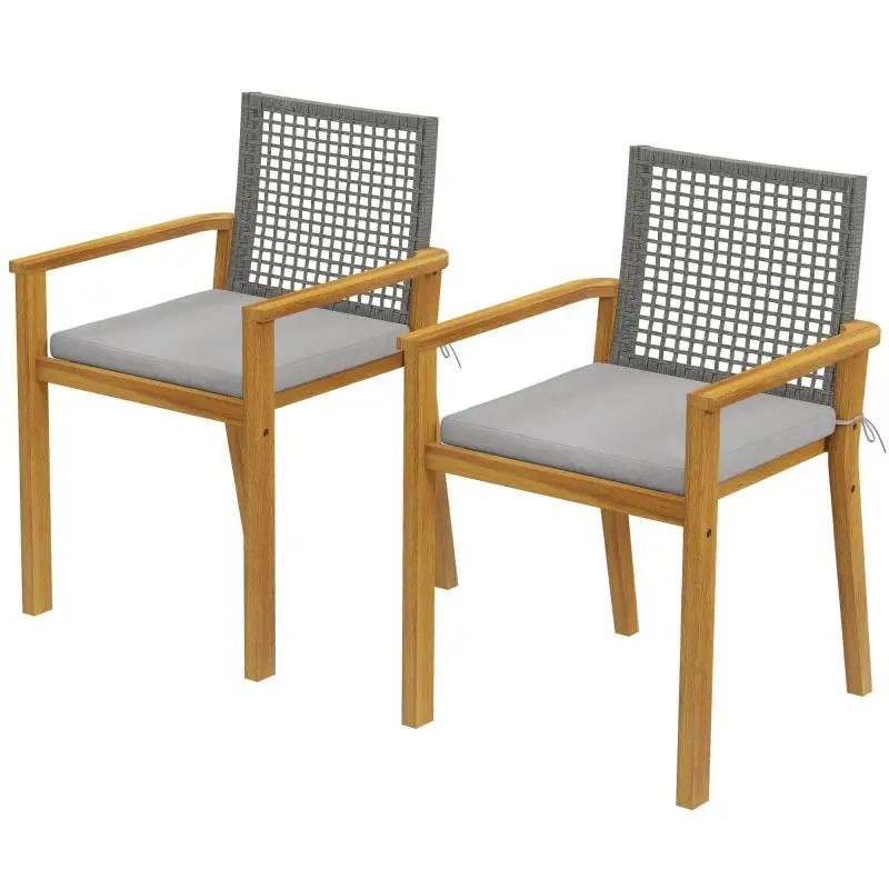 Set of 2 Stackable Wooden Garden Chairs with Cushions