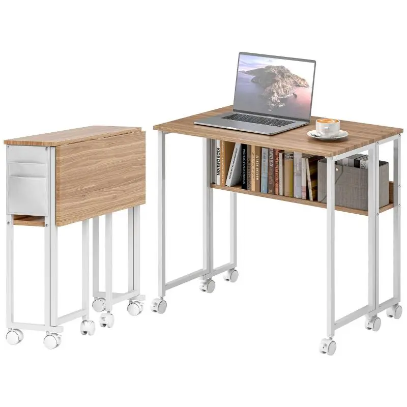 Folding Desk on Wheels with Shelf and Pocket, 80 cm