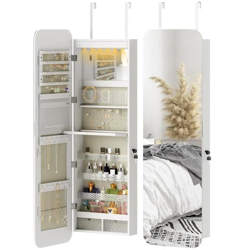 Wall- or Door-Mounted Jewellery Mirror with 2 Drawers, White
