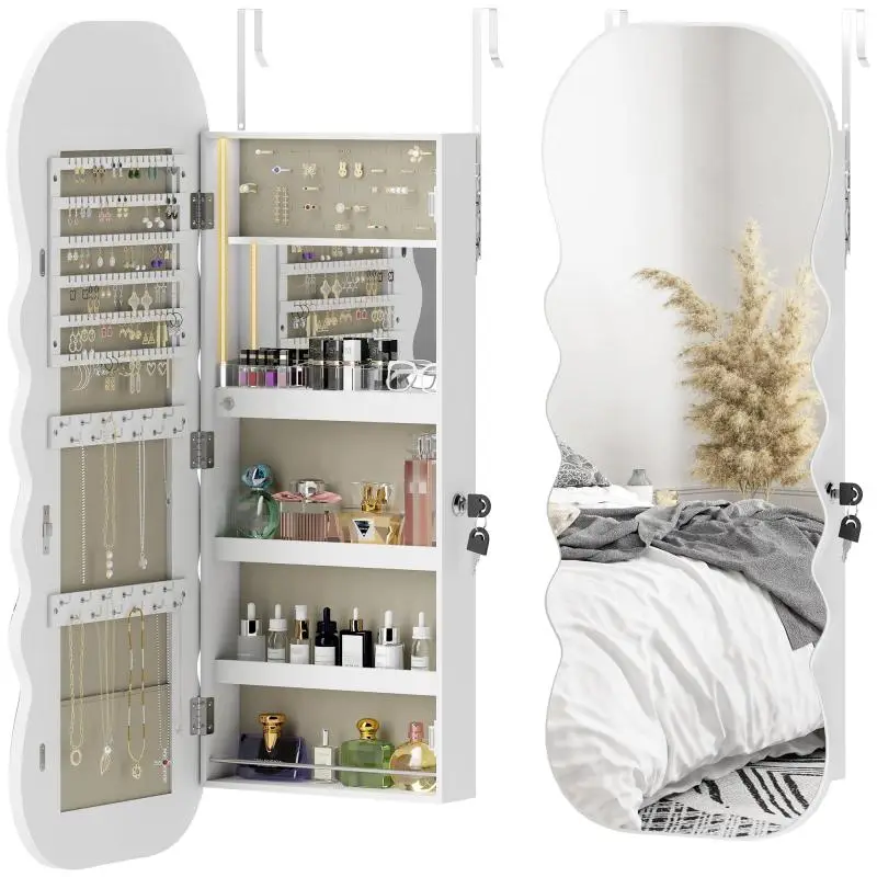 Wall- or Door-Mounted Jewellery Mirror with Wavy Frame, White