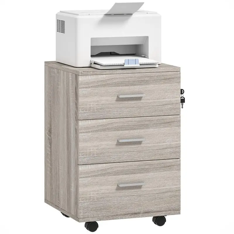 Mobile Filing Cabinet with 3 Drawers, Lock and Wheels, Grey