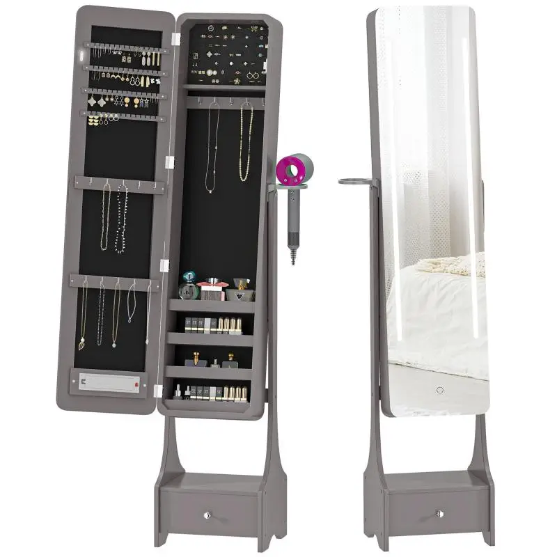 LED Lighted Jewellery Cabinet Mirror, 158 cm, Grey