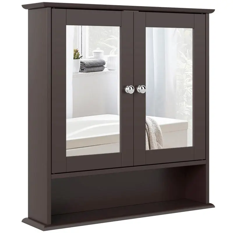 Bathroom Mirror Cabinet with 2 Doors and Open Shelf