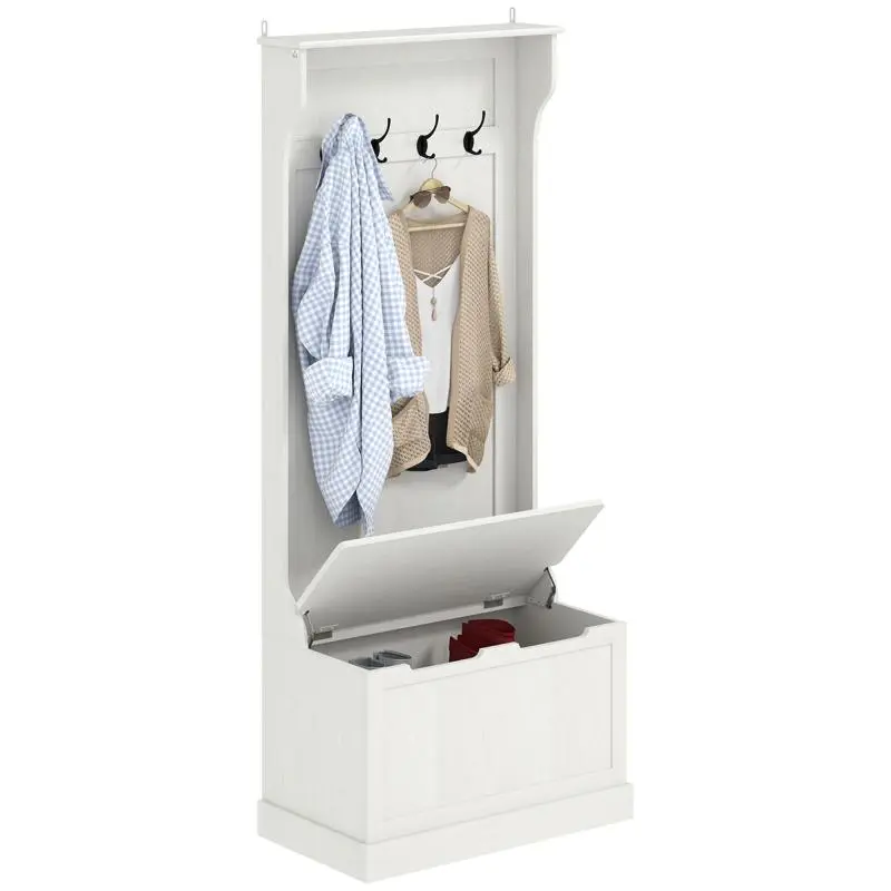 Coat and Shoe Rack with Storage Bench, White