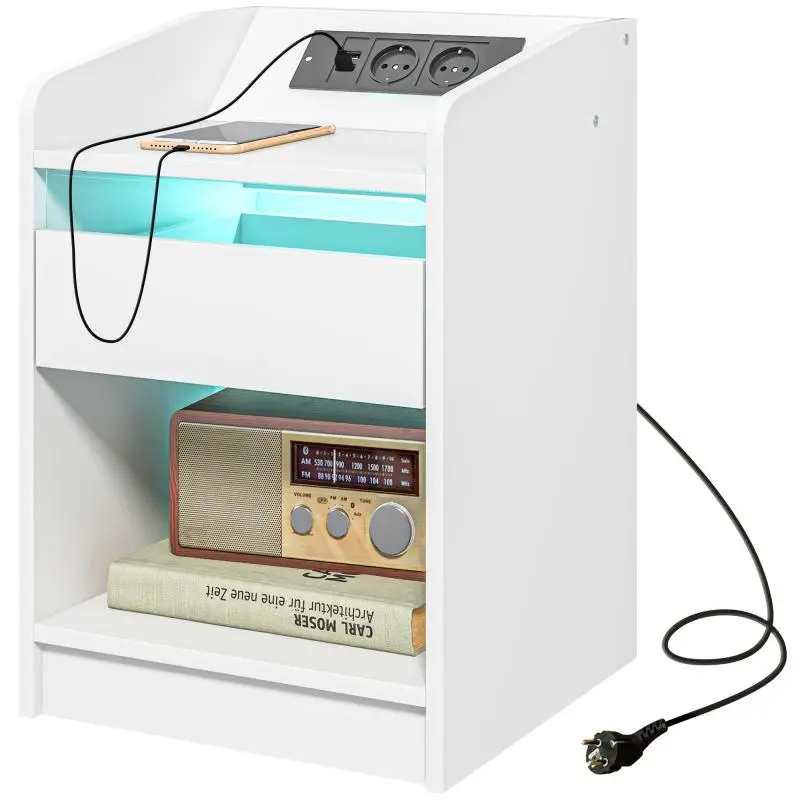 Nightstand with Charging Station and LED Lights, White