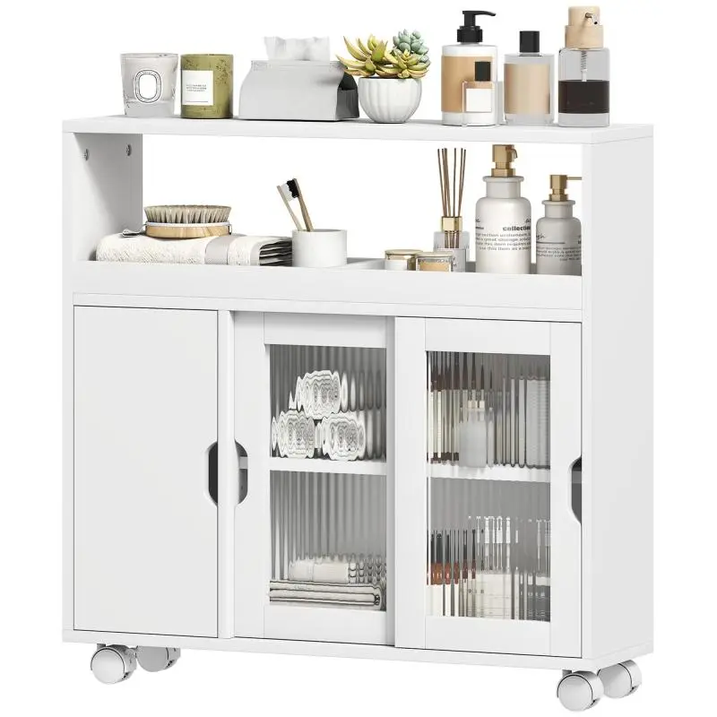 Wooden Bathroom Cabinet with Wheels and Open Space, Adjustable Shelves and Glass Doors, 71x20x70 cm, White