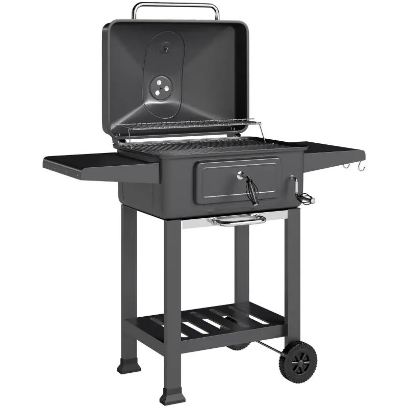 Charcoal Barbecue, Portable Smoker with Ventilation, Thermometer, and Side Shelves, Black