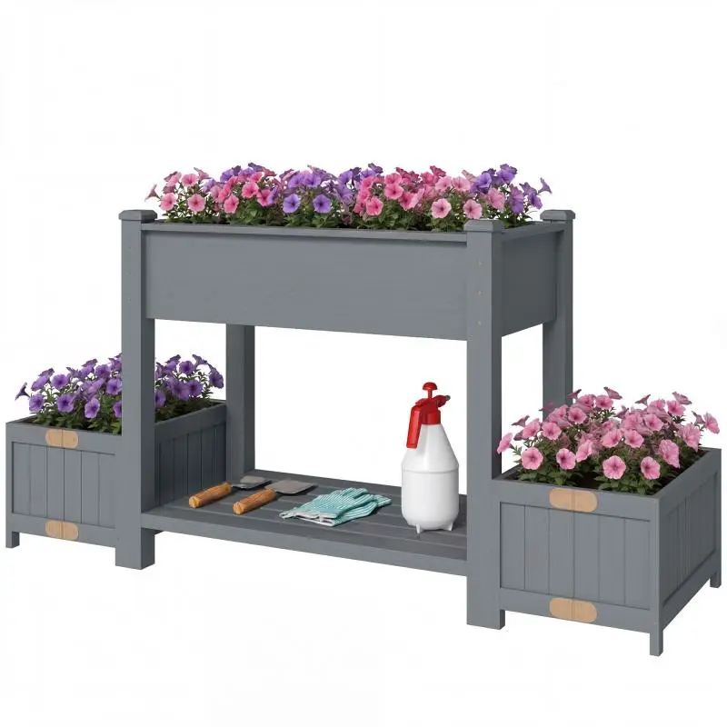 Raised Planter with 2 Side Pots and Tool Shelf