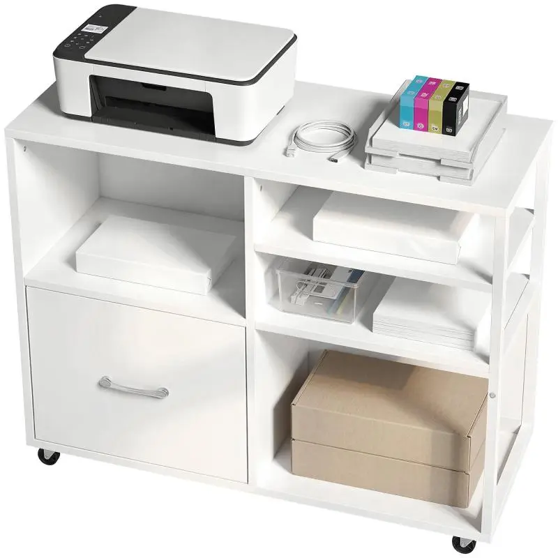 Printer Stand with Wheels and File Drawer, White