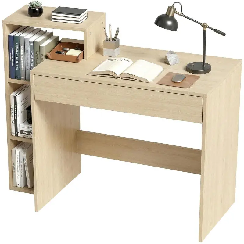 Wooden PC Desk with 3 Open Shelves and Drawer