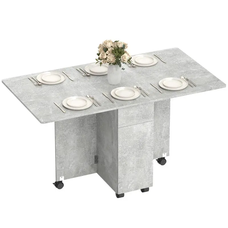 Folding Dining Table on Wheels with 2 Drawers, 2 Doors and Cabinet, Wooden, 140x76x74 cm, Cement Grey