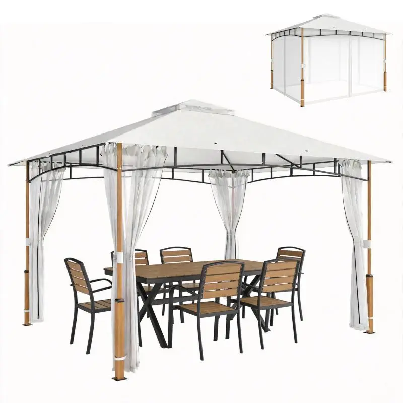 3 x 3.6 m Gazebo, UPF50+ Double Roof with Mesh, Cream