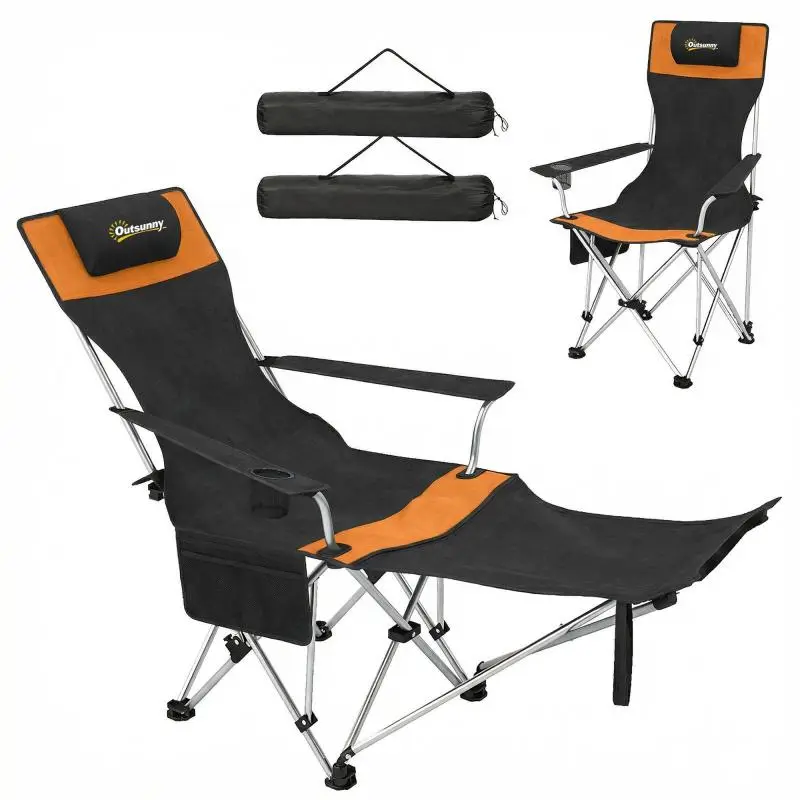 Set of 2 Folding Camping Chairs with Footrests and Cup Holders