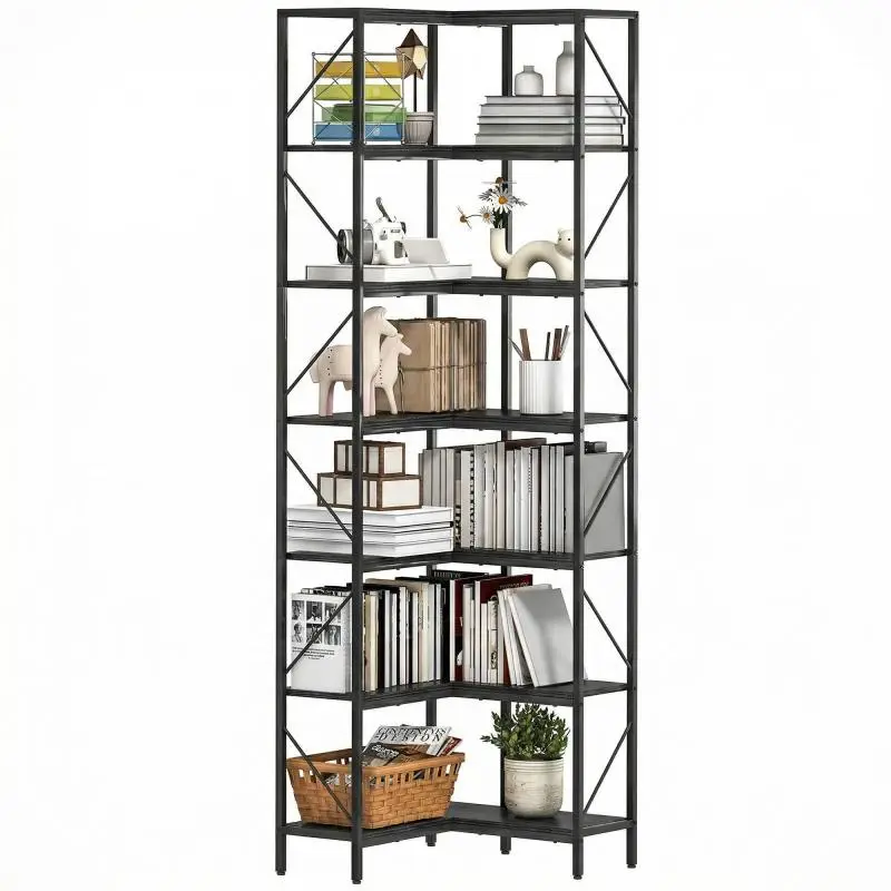 7-Shelf Corner Bookcase, Black Wood Effect