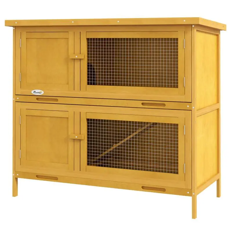 2-Tier Fir Wood Rabbit Hutch with Ramp