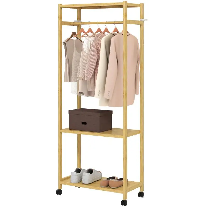 Bamboo Freestanding Clothes Rack with Hanging Rail, Shelves, and 4 Wheels, 70x35x175 cm, Natural Wood
