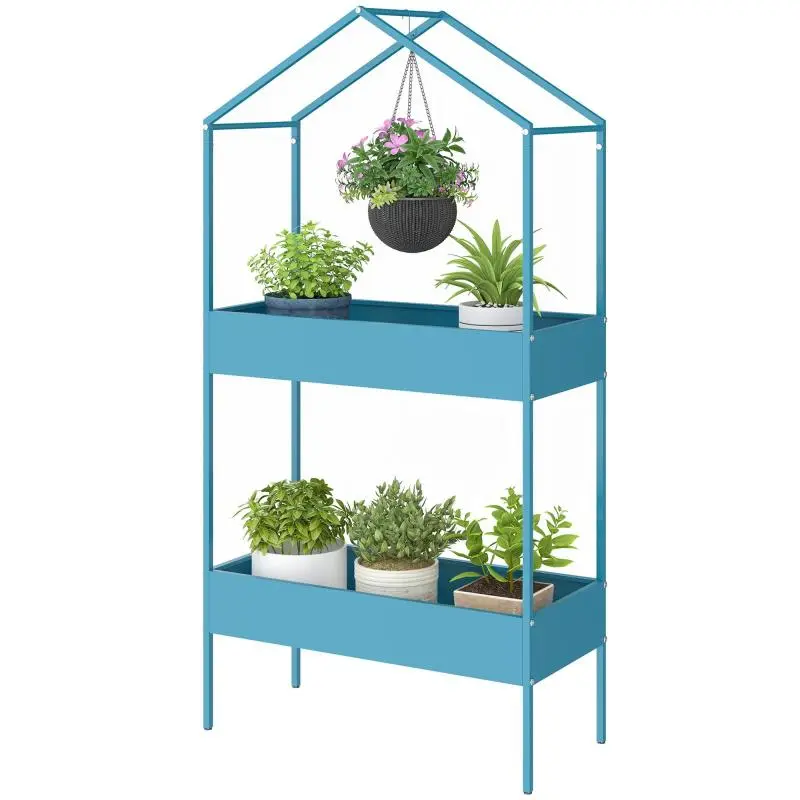 2-Tier Metal Plant Stand with Hook, 75 × 35 × 150 cm, Blue-Green