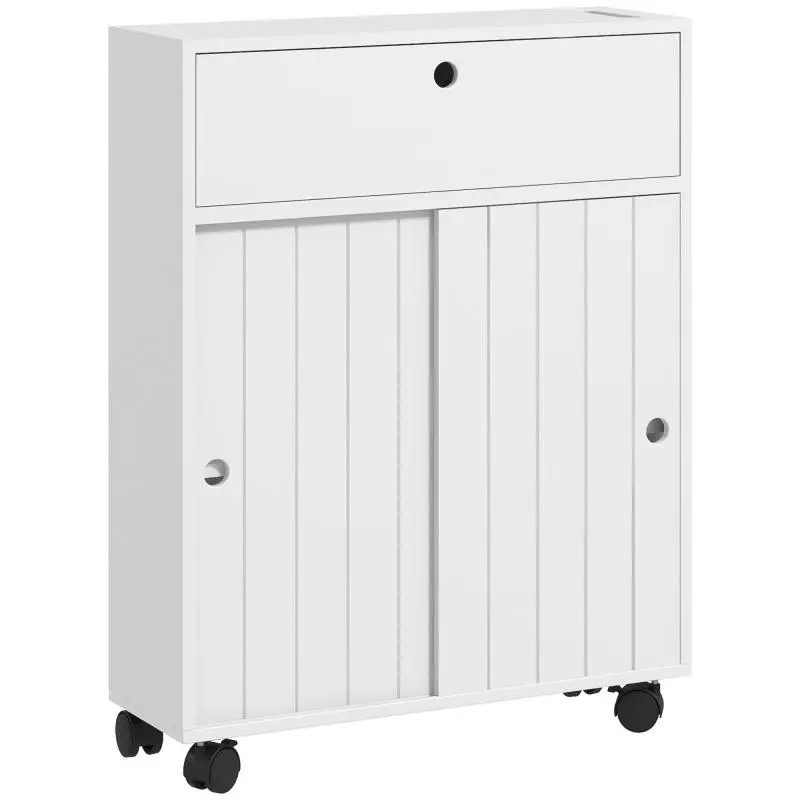 Narrow Bathroom Cabinet with Wheels, White