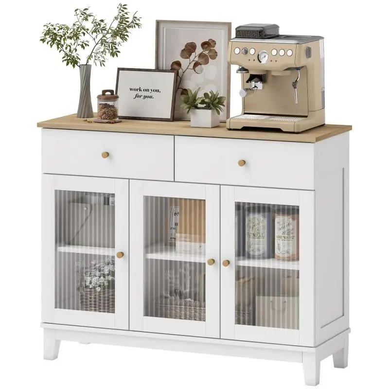 Kitchen Sideboard with 2 Drawers and Glass Doors