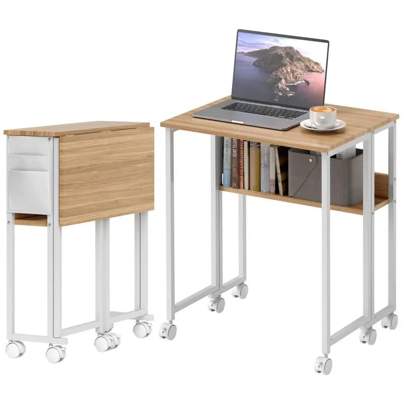 Space-Saving Fold-Down Desk with Shelf, Storage Pocket, and Wheels, Natural Wood