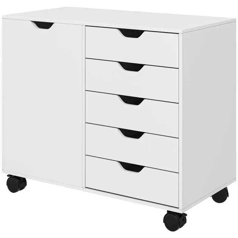 Side Cabinet with 5 Drawers, Storage Unit with Adjustable Shelf, Mobile Office Cabinet on Casters, Printer Stand for Home Office, White