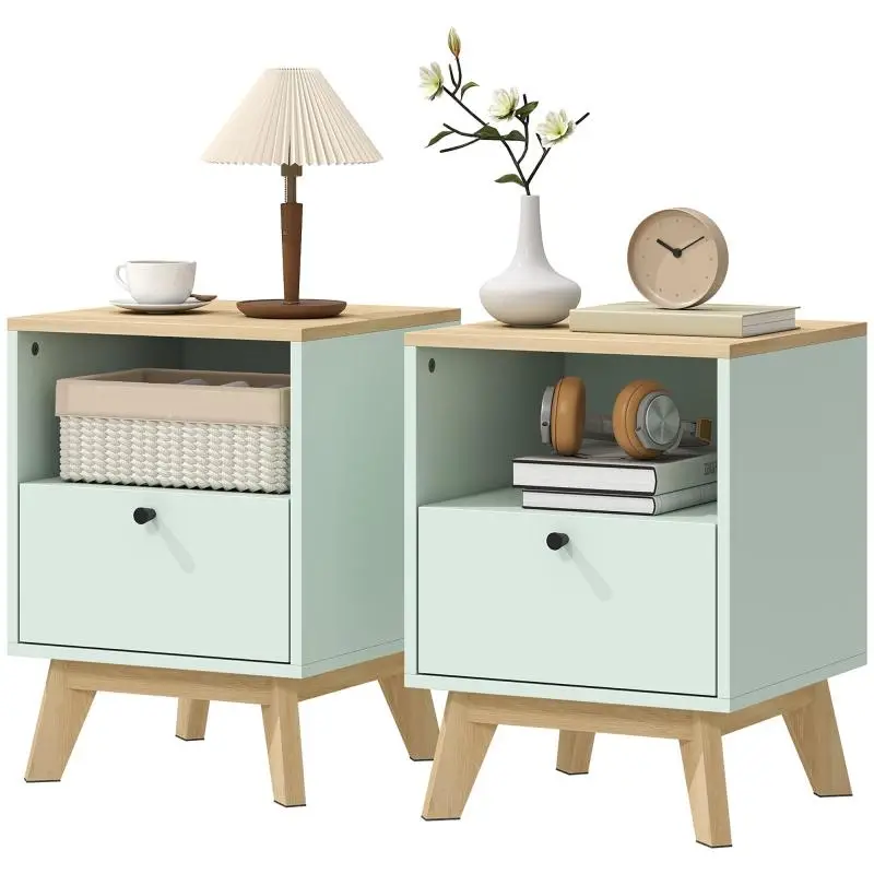 Set of 2 Bedside Tables with Drawer and Open Shelf