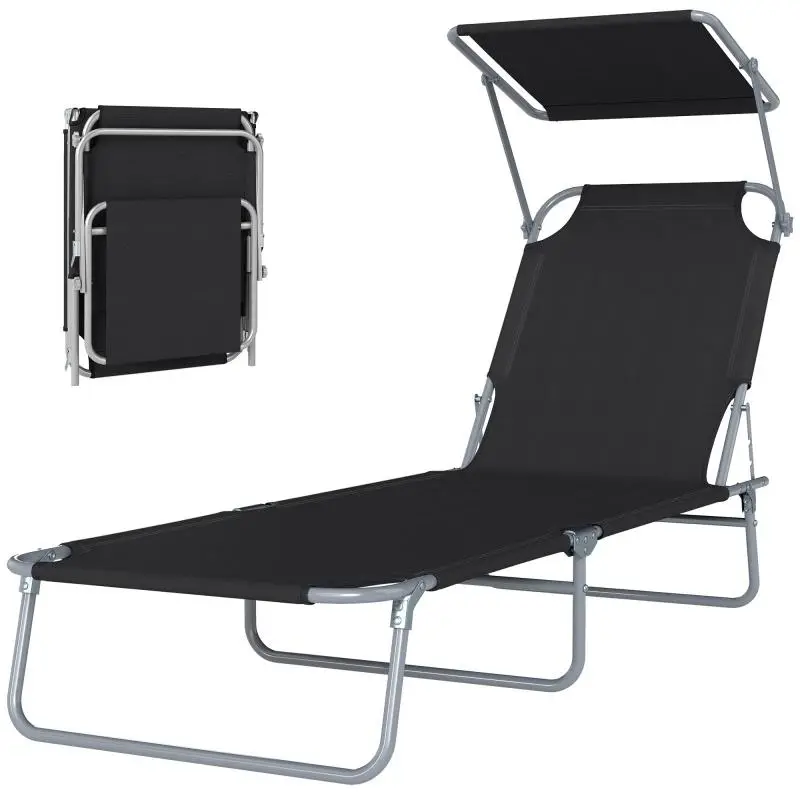 Folding Sun Lounger with Canopy, Black