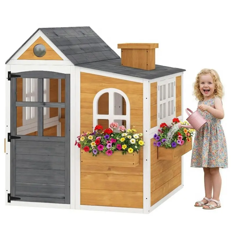 Wooden Children's Playhouse with Flower Boxes