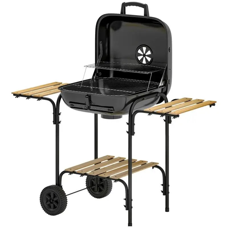 Steel Charcoal Grill Cart with Lockable Lid, Cooking Grate, Wheels, Handle, and Wooden Shelf – 98 x 54 x 91 cm – Black