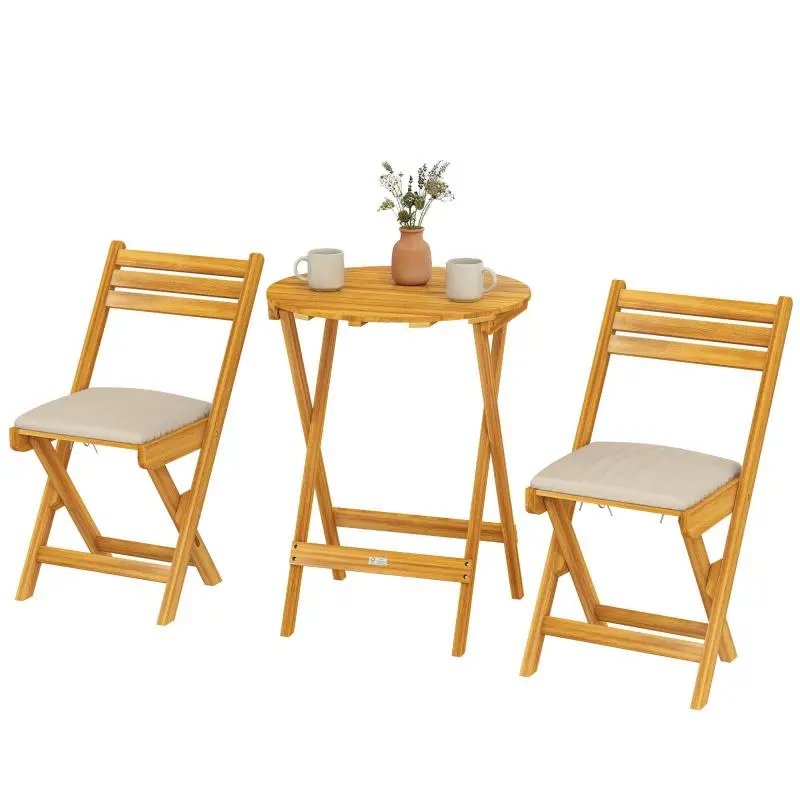 Folding Wooden Bistro Set with Cushions