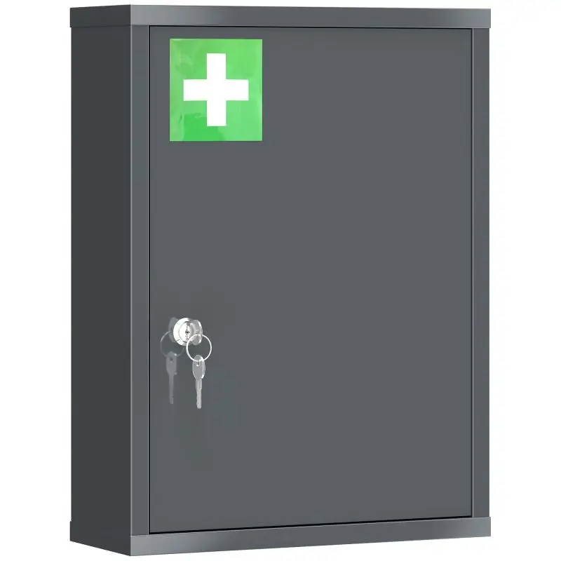 Wall-Mounted Medicine Cabinet with Lock, 3-Tier, Charcoal Grey