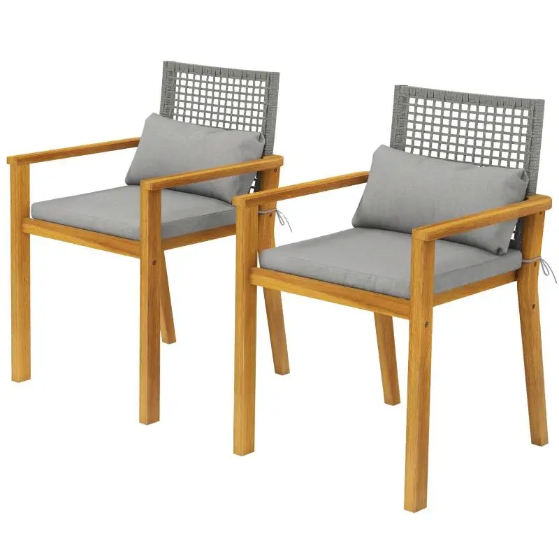 Set of 2 Stackable Acacia Wood Garden Chairs with Cushions