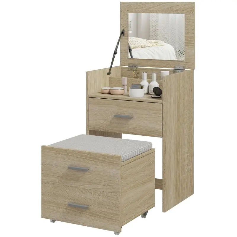 Vanity Table with Flip-Top Mirror and Stool