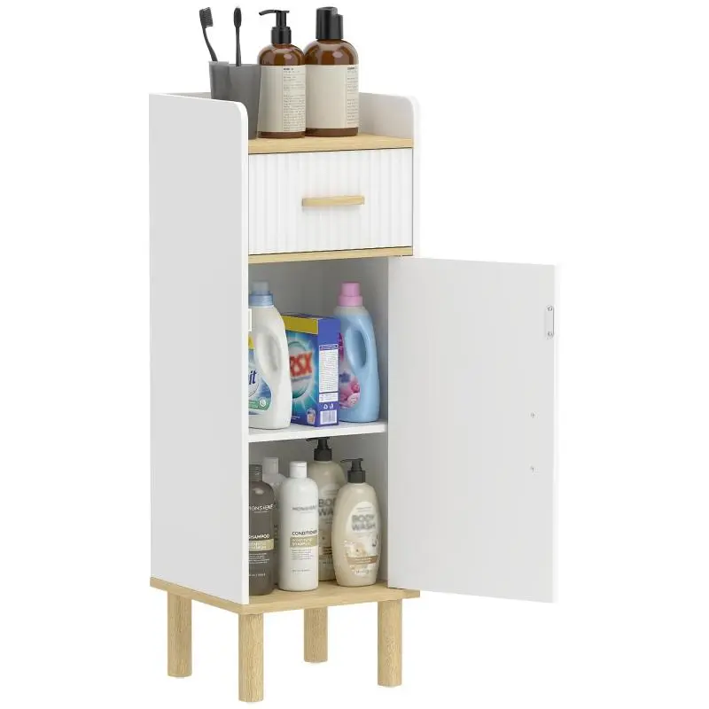 Narrow White Bathroom Cabinet with Adjustable Shelf