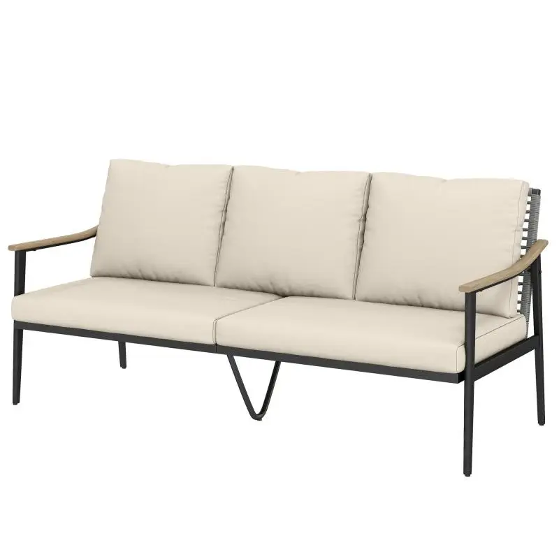 3-Seater Outdoor Rattan Sofa with Wood-Effect Armrests