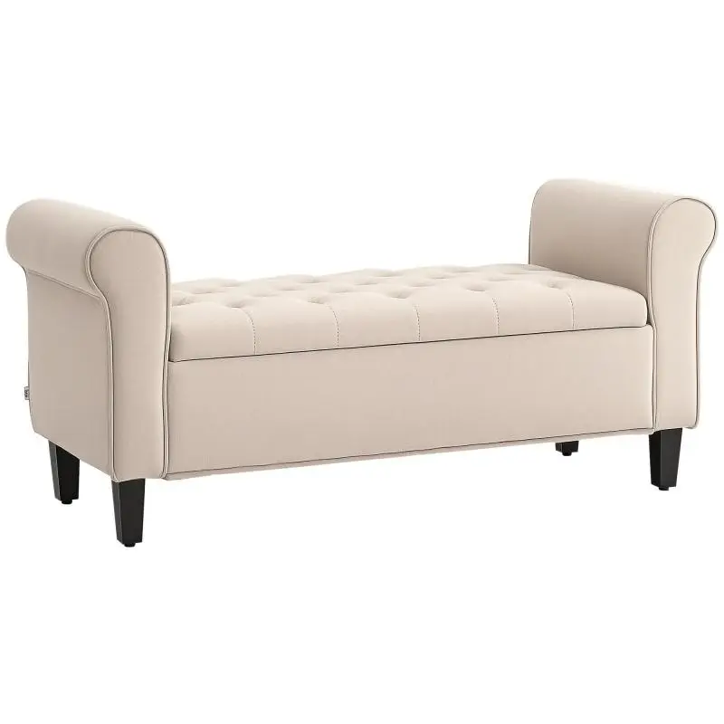 Velvet-Effect Storage Bench with Armrests, Beige