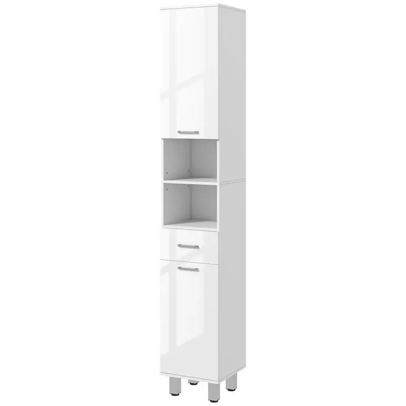 Bathroom Tall Cabinet with Drawer and Shelves, Gloss White