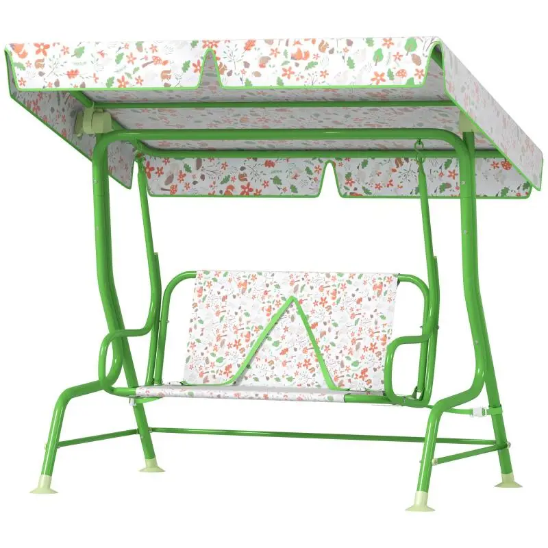 2-Seater Outdoor Children's Swing with Adjustable Canopy and Safety Belts, Green