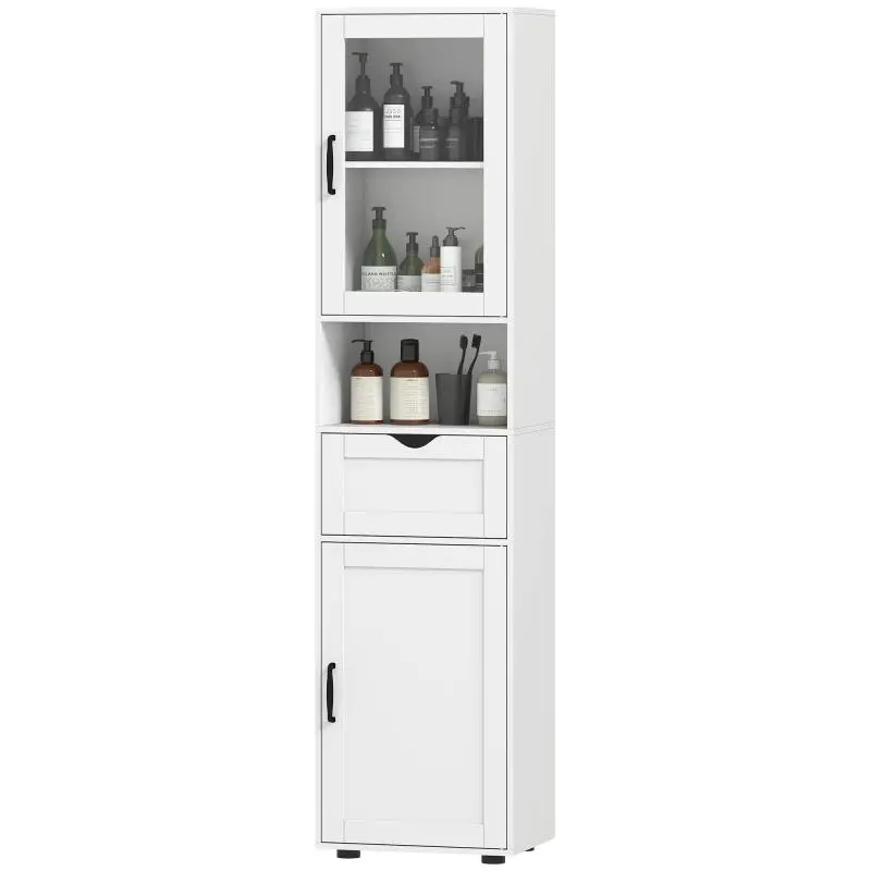 Tall Bathroom Cabinet with Drawer and Glass Door, 165 cm